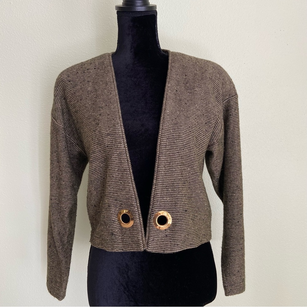 Vintage ST JOHN by Marie Gray Olive Open Front Cropped Jacket USA Blazer